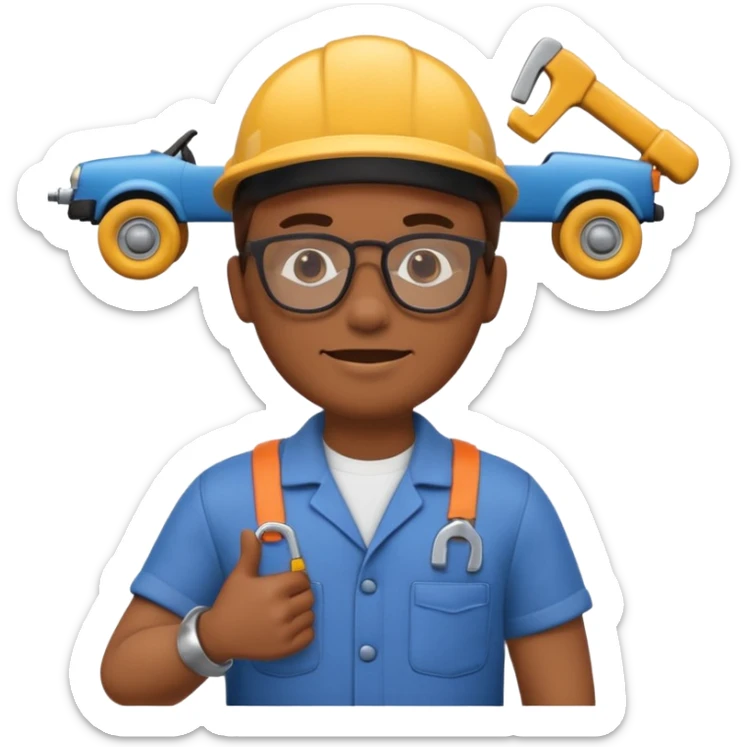 A 3D emoji with a Memoji style that the depicts a person who is learning to become a car mechanic as his highchool extended profile sticker
