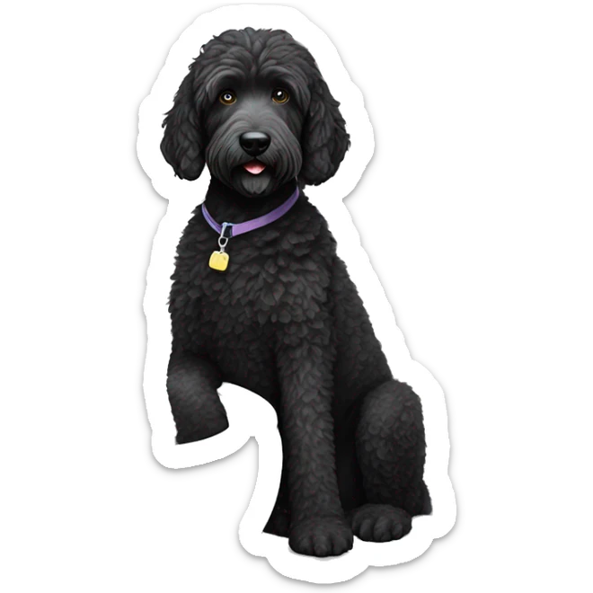black labradoodle dog with some white on the chest and kin sitting on the toilet with a new paper in the paws sticker