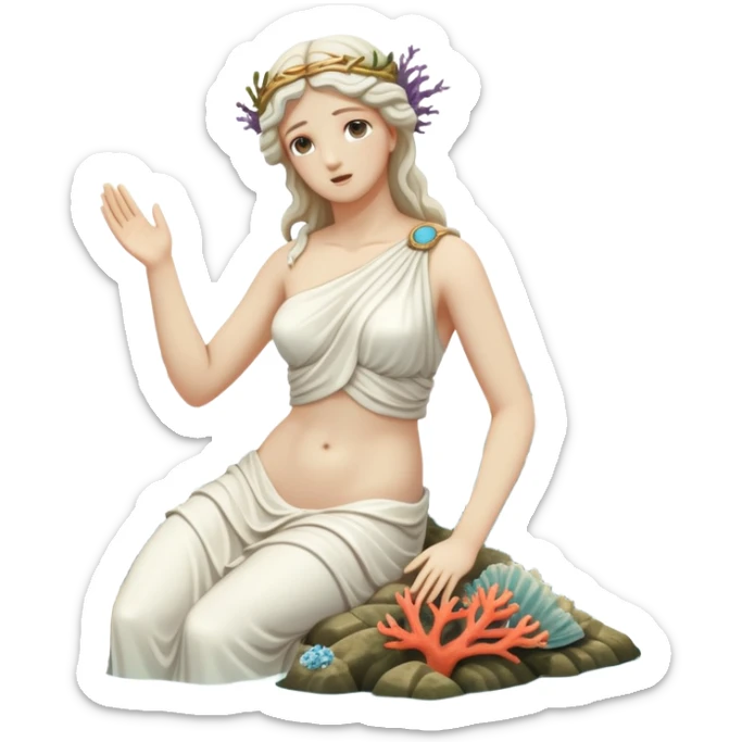 sunken white female greek statue, broken, include water and coral in the sea, sea weed, some sea animals sticker