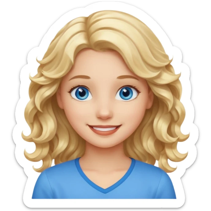 Please generate an image of a girl. She has blue eyes, blond, wavy hair, and is smiling. sticker
