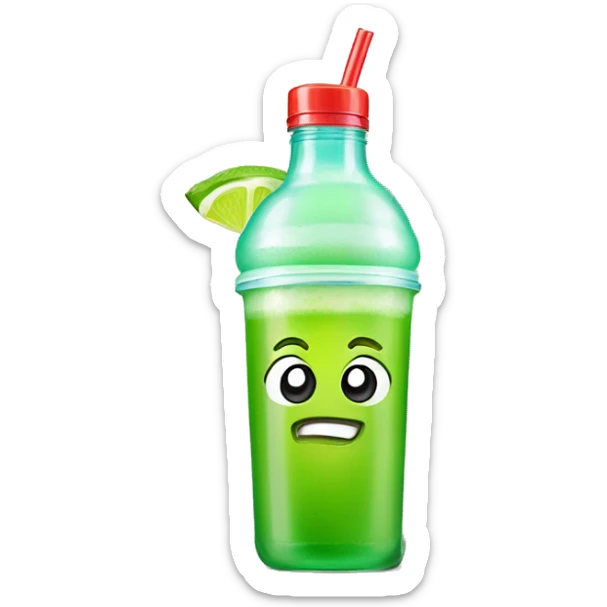 margarita with happy cartoon face and lime in a to go plastic bottle sticker