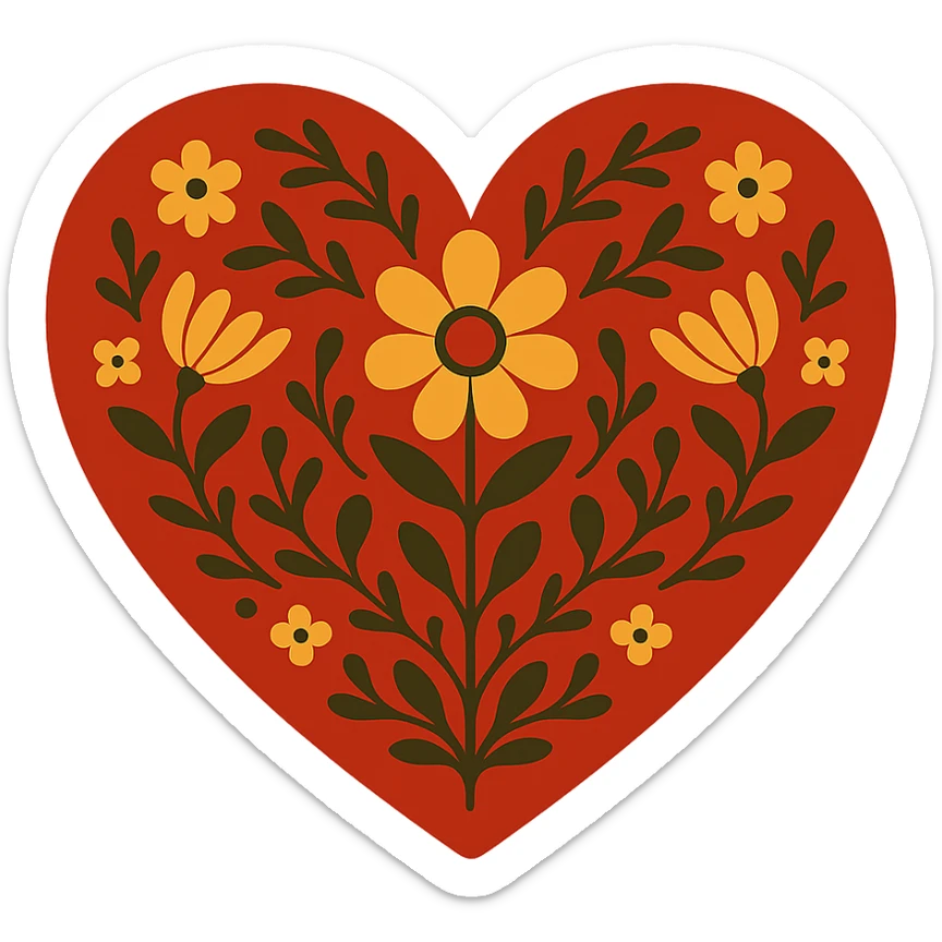 Red heart with Scandinavian folk art nature motif, intricate floral and leaf patterns, symmetrical, vibrant, inspired by traditional Nordic designs, with transparent background. sticker