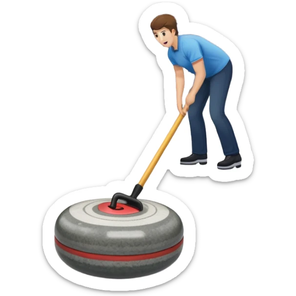 An icon showing a detailed close-up of a curling stone sliding across the ice, with a broom in motion beside it. The background features an indoor stadium with cheering spectators on the stands. Transparent background captures the strategy and focus of curling. sticker
