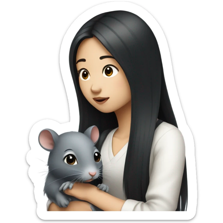 A korean girl with long black hair whispering to a grey rat sticker