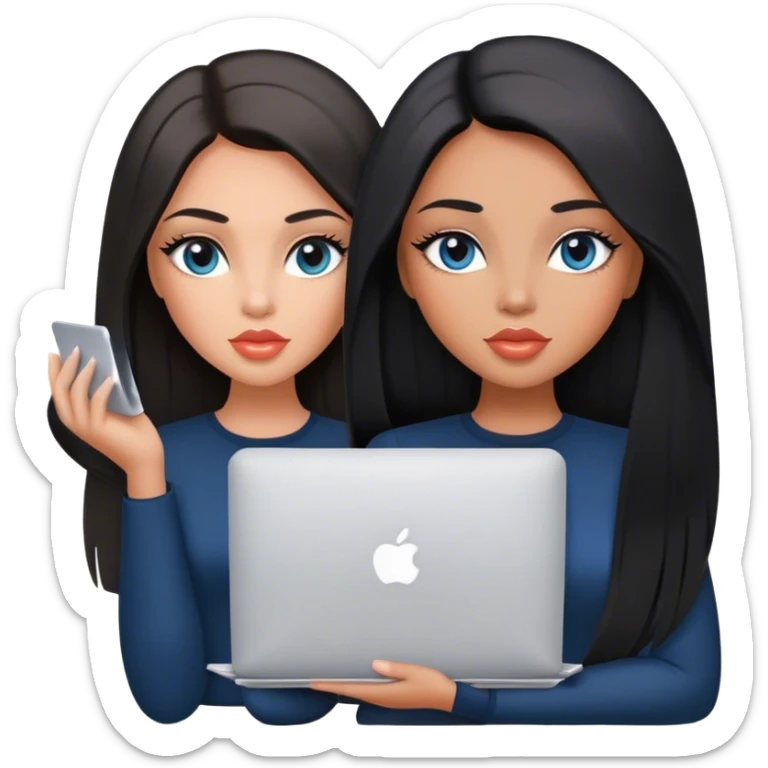 Glamours, tanned, very beautiful girl, with big pump peach lips, black straight smooth silky long hair, straight parting, blue-grey eyes, holding MacBook sticker