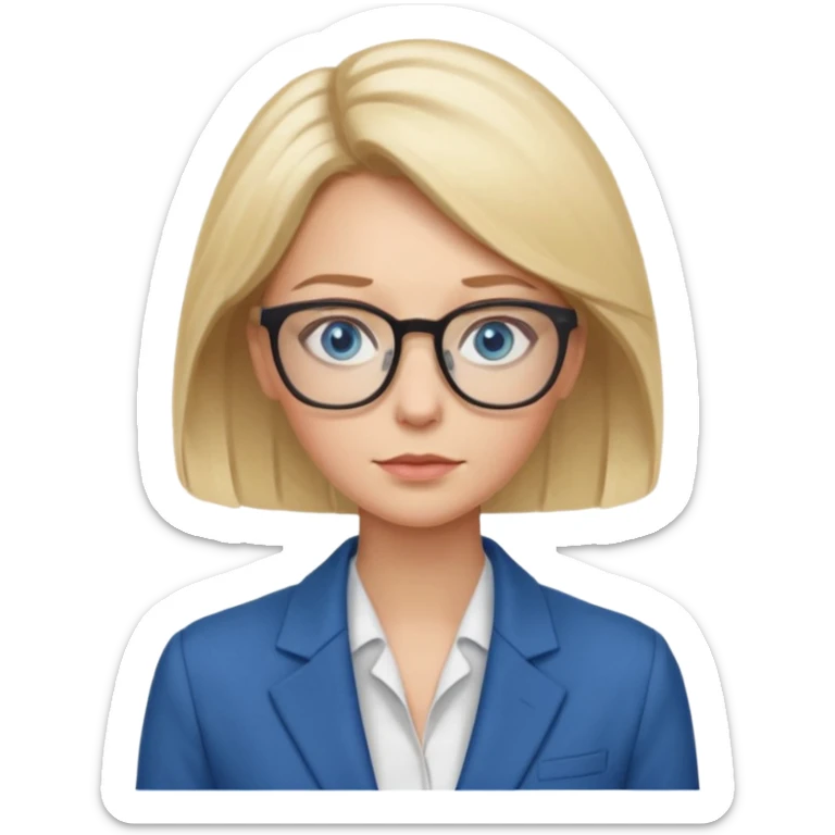 a woman, blonde highlights in hair, glasses and blue eyes. teacher sticker