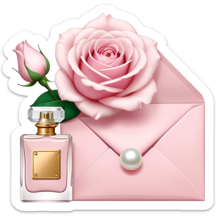 white rose next to a pearl-colored envelope and a flacon of aesthetically pleasing perfume in powder pink  sticker