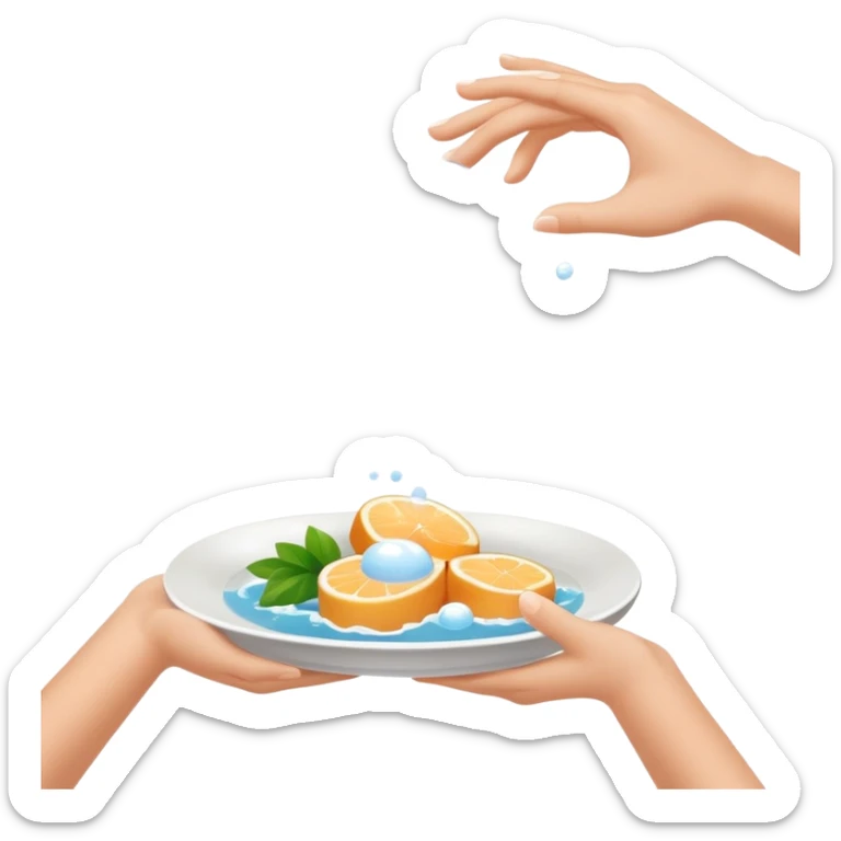 hands under running water with soap bubbles, plate of food nearby, clean and friendly sticker