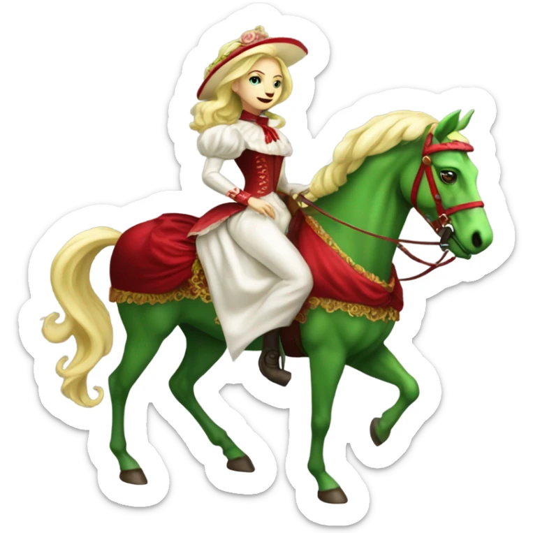 "galora green blonde alien woman" in red Victorian elegant dress, full body, rides horse gold and white
 sticker