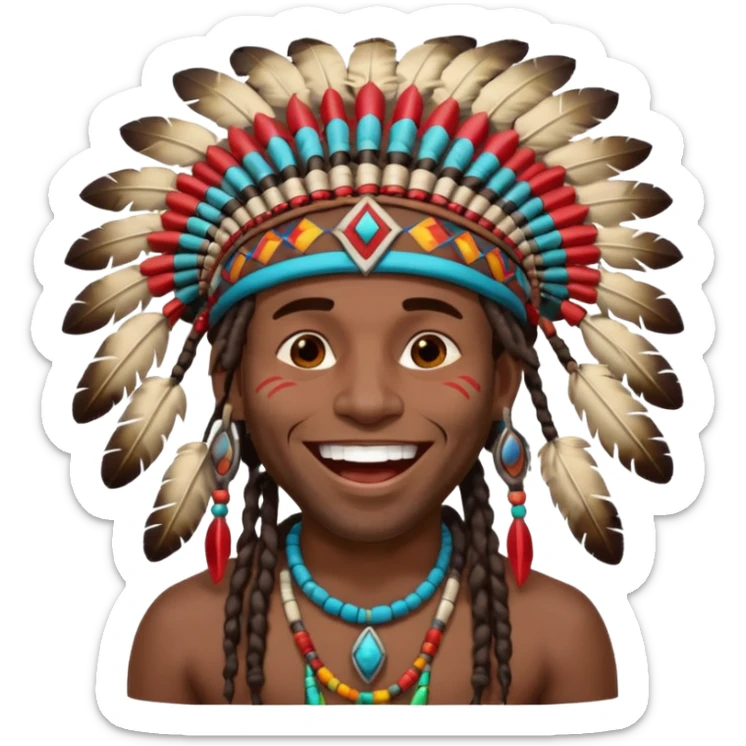 Black American man dark brown with dreads with a American Indian headdress with a laughing hard sticker
