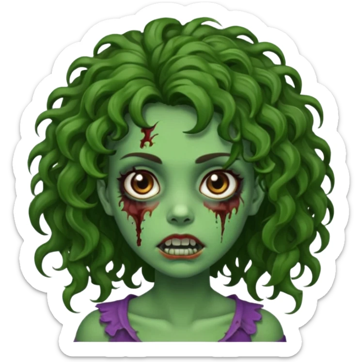 Faça uma garota zombie de cabelo cacheado castanho, olhos castanhos escuro e pele verde d zombie, com o cabelo grande sticker