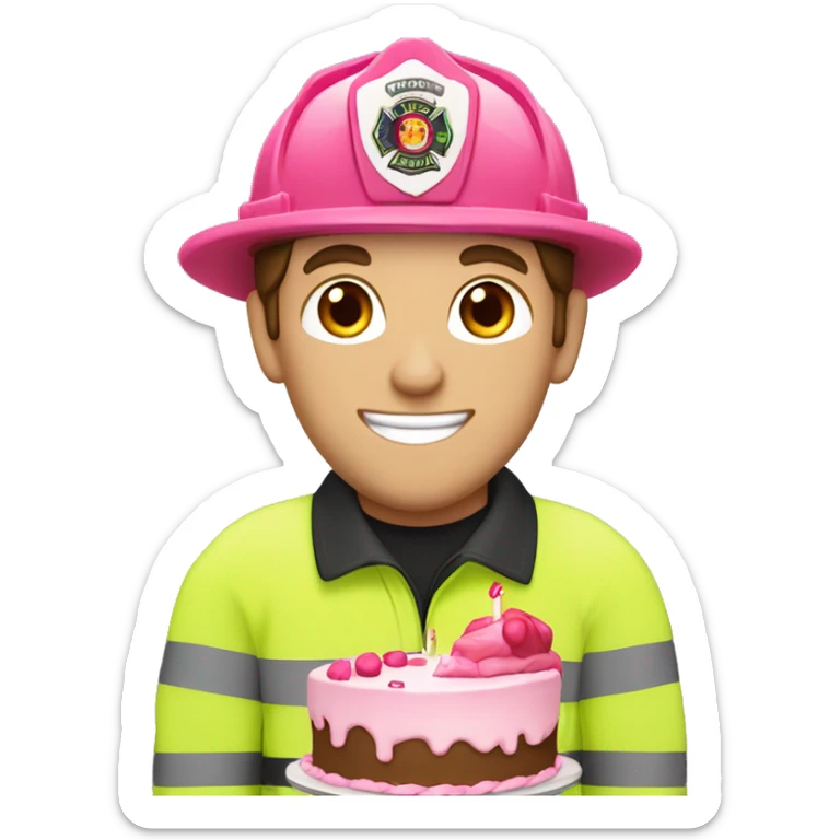 Caucasion male Firefighter with brown hair eating pink birthday cake sticker