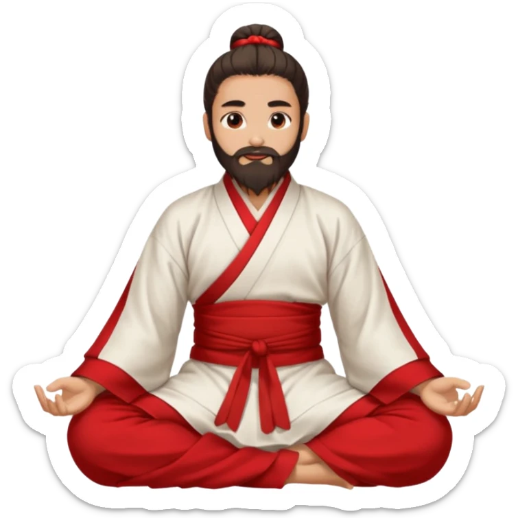 Beautiful man with lightly tan skin and dark long beard, long hair in bun, in white and red Hanfu sitting on the ground sticker
