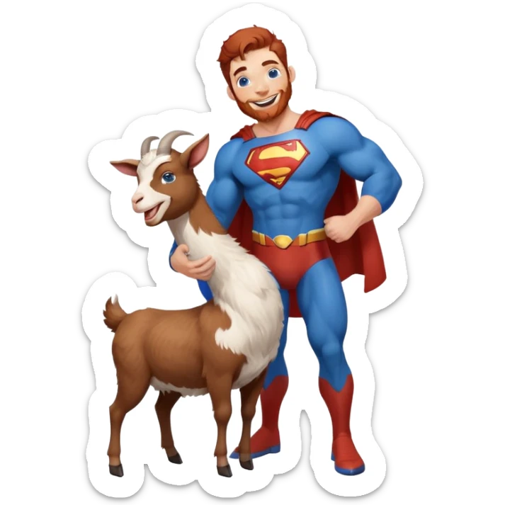 Full body Adult Superman Blue Eyes Scruffy Redish hair and redish trimmed Beard Muscle happy holding a happy laughing goat with blue hair sticker