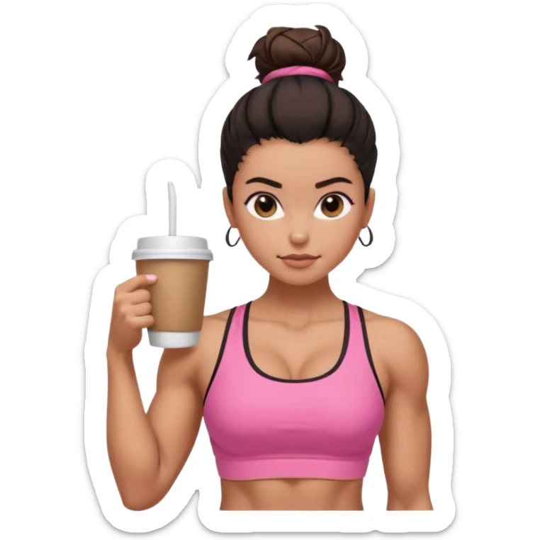 Caramel skinned toned female with a black messy bun for hair. Her eyes are a coffee color brown and almond shaped. She’s wearing a pink sports bra and showing off her flexed muscular toned biceps. sticker