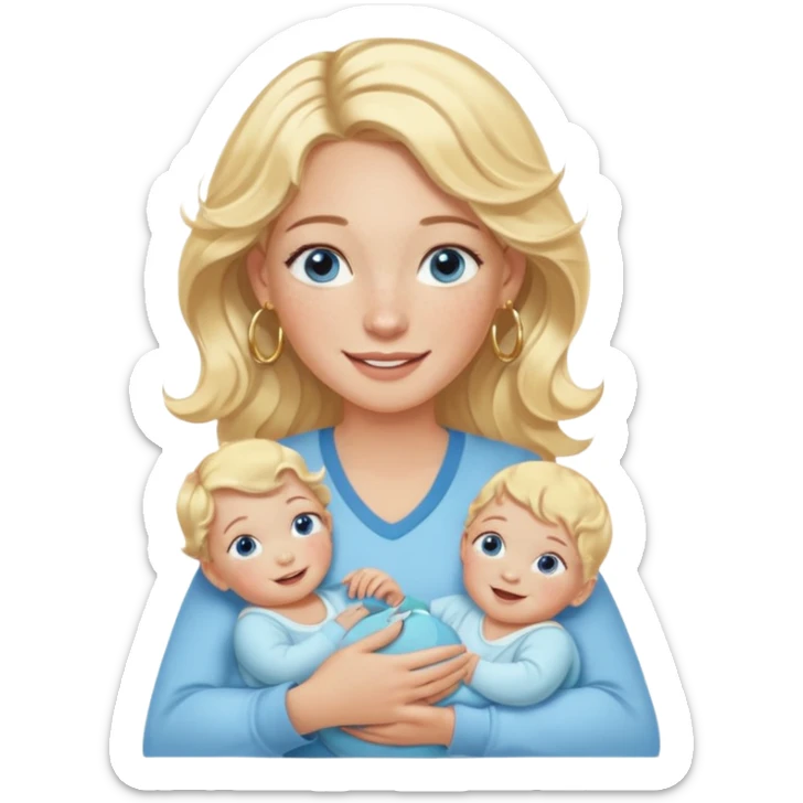 Wavy blonde, white woman with blue eyes, freckles hoop earrings, holding babies smiling and really cute in gold hoops she needs to be holding three newborns, and she needs to be more cute than pretty sticker
