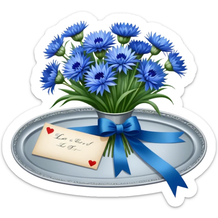 A beautifully ornate silver tray holding a bouquet of soft blue cornflowers and a love letter tied with a deep green ribbon. sticker