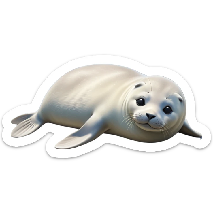cinematic-seal-realistic-full-body-lounging-emoji,-plump-sleek-body-stretched-out-on-a-rocky-shoreline,-short-smooth-fur-glinting-in-the-sea-breeze,-flippers-tucked-comfortably-beneath-its-body,-large-dark-eyes-filled-with-playful-curiosity,-whiskered-muzzle-lifted-slightly-as-if-smiling,-simplified-yet-realistic-focused-features,-highly-detailed,-glowing-with-a-refreshing-marine-radiance sticker