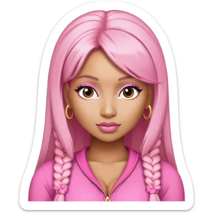 Nicki Minaj wearing a pink outfit with blonde and pink hair sticker