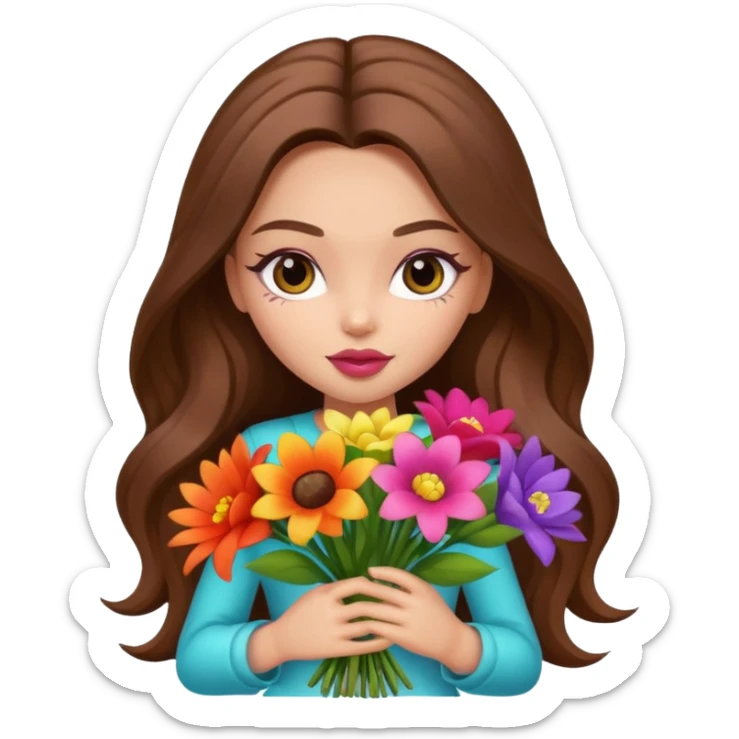 stylish pretty bratz baddie, long brown hair holding big bouet of flowers  sticker