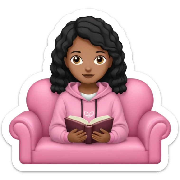 Una chica linda de cabello negro con ondas hasta los hombros de piel blanca con una sudadera rosa en un sofá cómodo y hermoso leyendo la biblia sticker