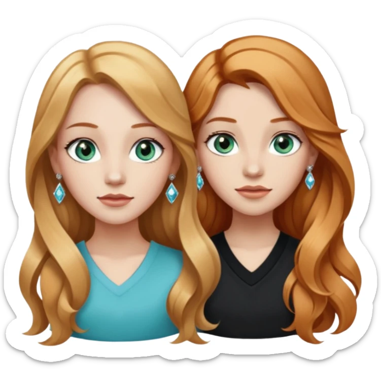 two girls top halfs, one with long wavy strawberry blonde hair and greenish blue eyes, white diamond earrings and wearing white, the other with straight black long hair, brown eyes, silver earrings and wearing black sticker