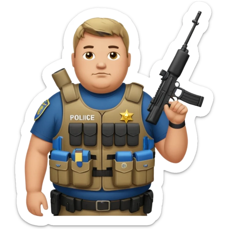 A fat police man with who is retarded, with a armor vest that has a name tape that says Keller and an m4 rifle sticker