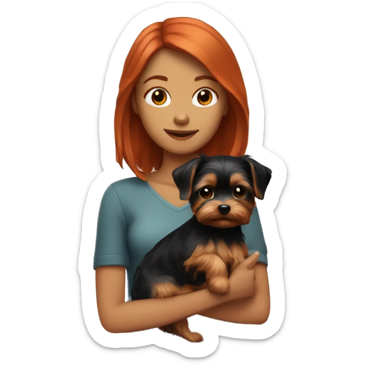 a girl with shoulder-length red hair holds a black-golden Yorkie in her arms sticker