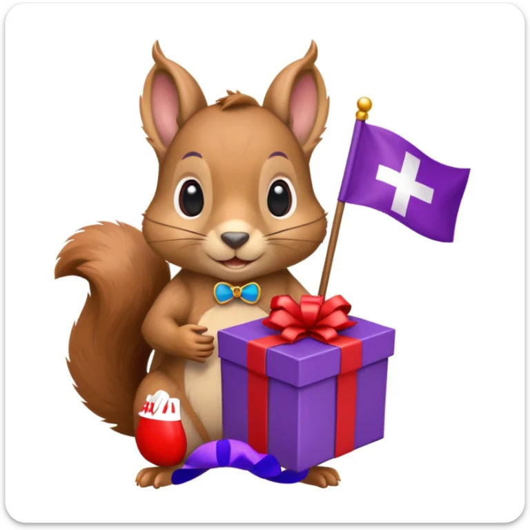 a squirrel holding a purple gift box in one hand and a red Swiss flag in the other, both objects clearly visible, simple white background, the gift is a different color from the flag sticker