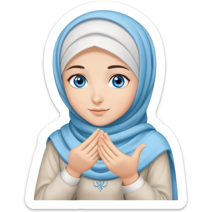 Turkish beautiful finish Konya girl blue eyes with cloudy hijab dress islamic dress and had on her hand text Eid Mubarak  sticker