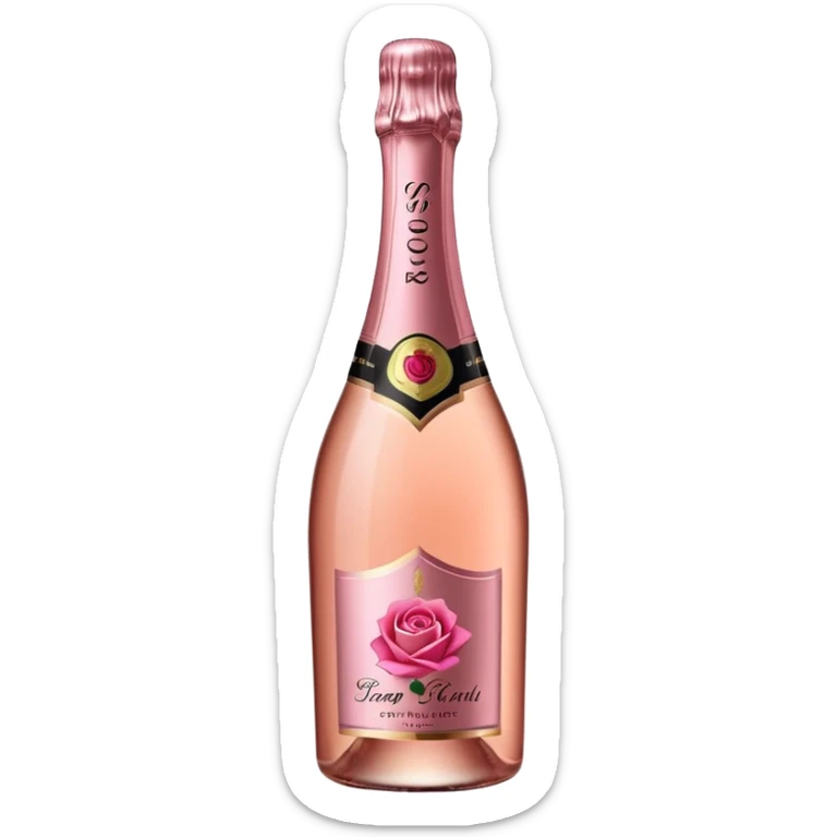 bottle of sparkling rosé champagne with a rose logo on the label, tilted up and to the right, no glass sticker