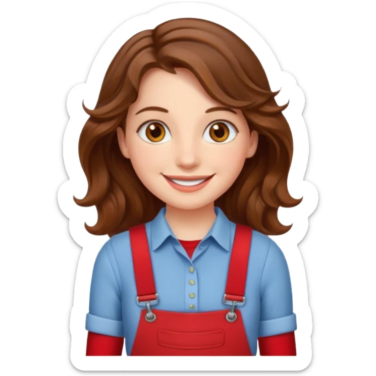 Woman with wavy brown hair and hazel eyes wearing red trouser braces. sticker