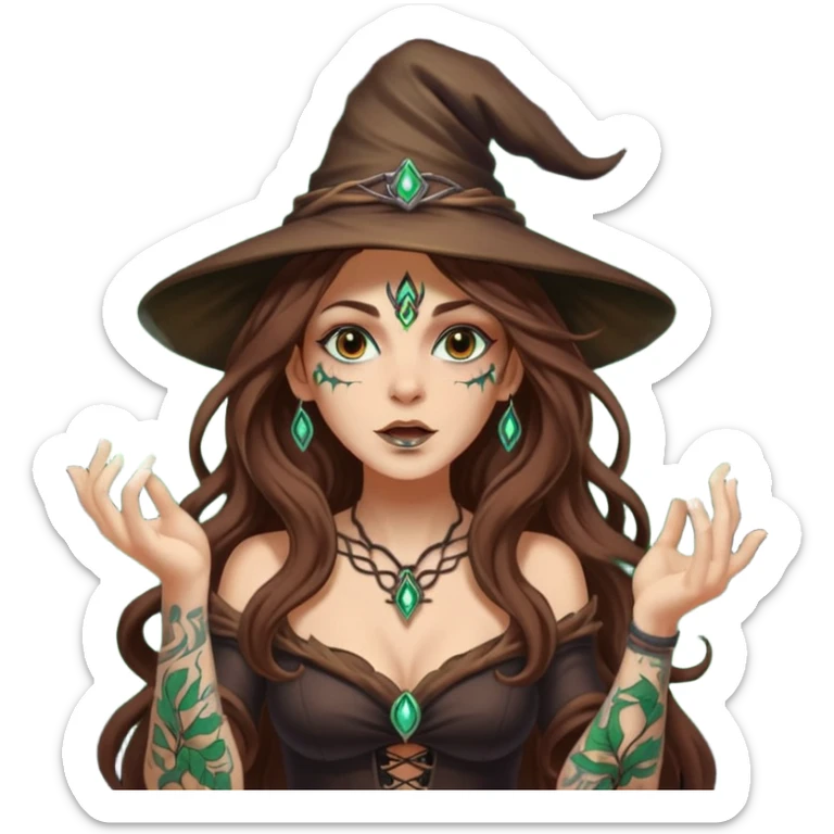 forest witch woman long wavy brown hair tattoos blowing glowing powder toward viewer sticker
