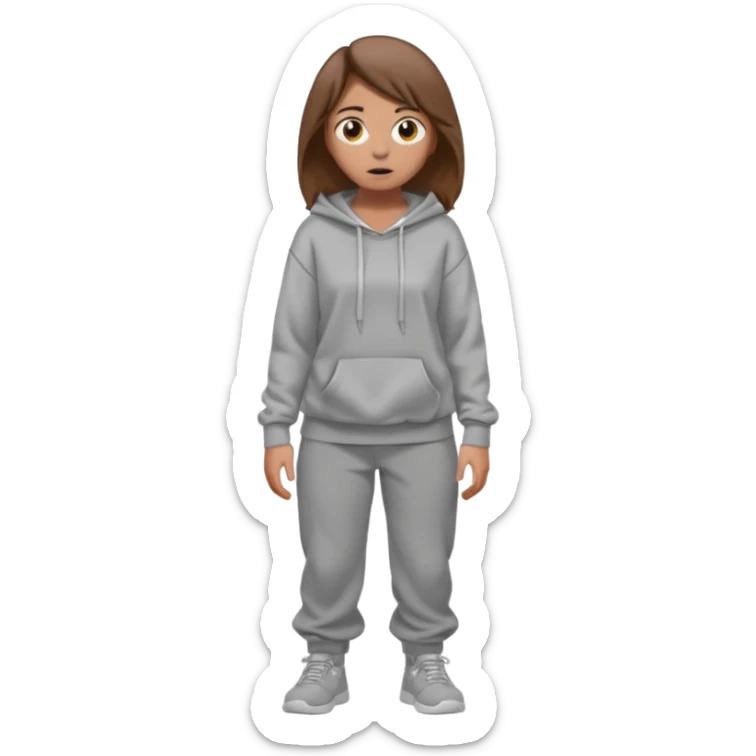 Chica grande  asustada de cuerpo completo mirado a la izquierda con pelo castaño pantalones baggy  grises y hoodie gris  sticker