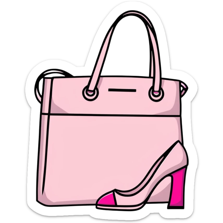 Girly fashion items like pink lipstick, high heels, and handbag sticker