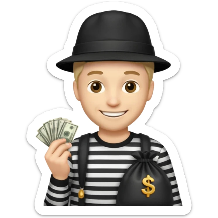 robber with 4 lines of black and white striped shirt and he has a money bag in his hand and a robber hat and he is smiling and he is white sticker