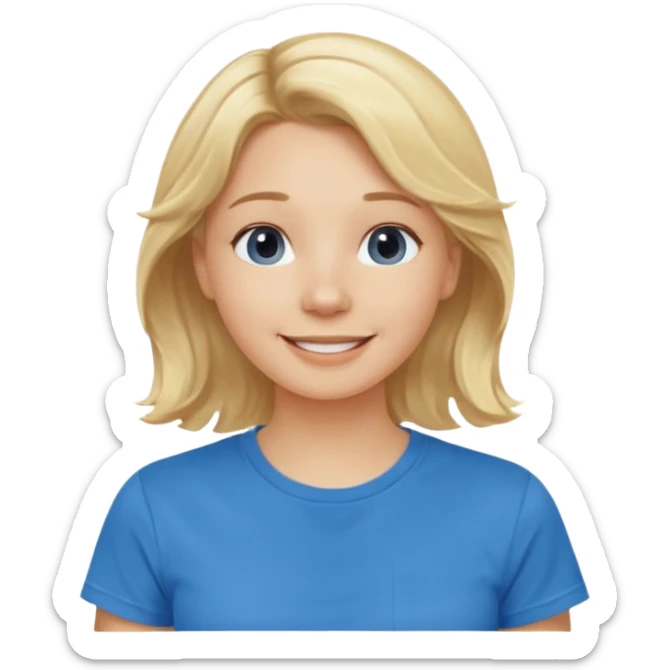 Happy blond girl with light weavy hair with a blue shirt but we can see only her face and neck and the top of the t shirt, no whole body sticker