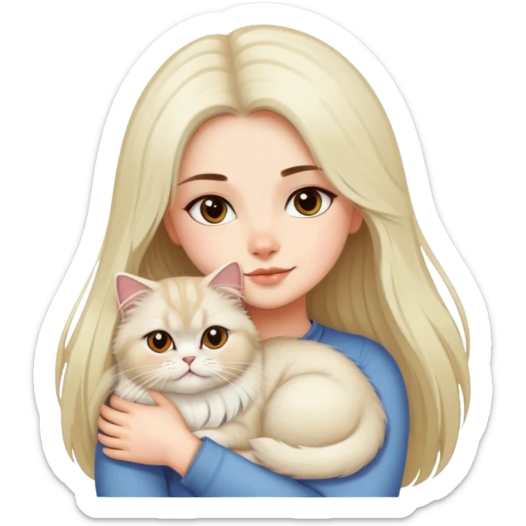 A pretty girl with long dark hair is hugging her light hair persian cat. sticker