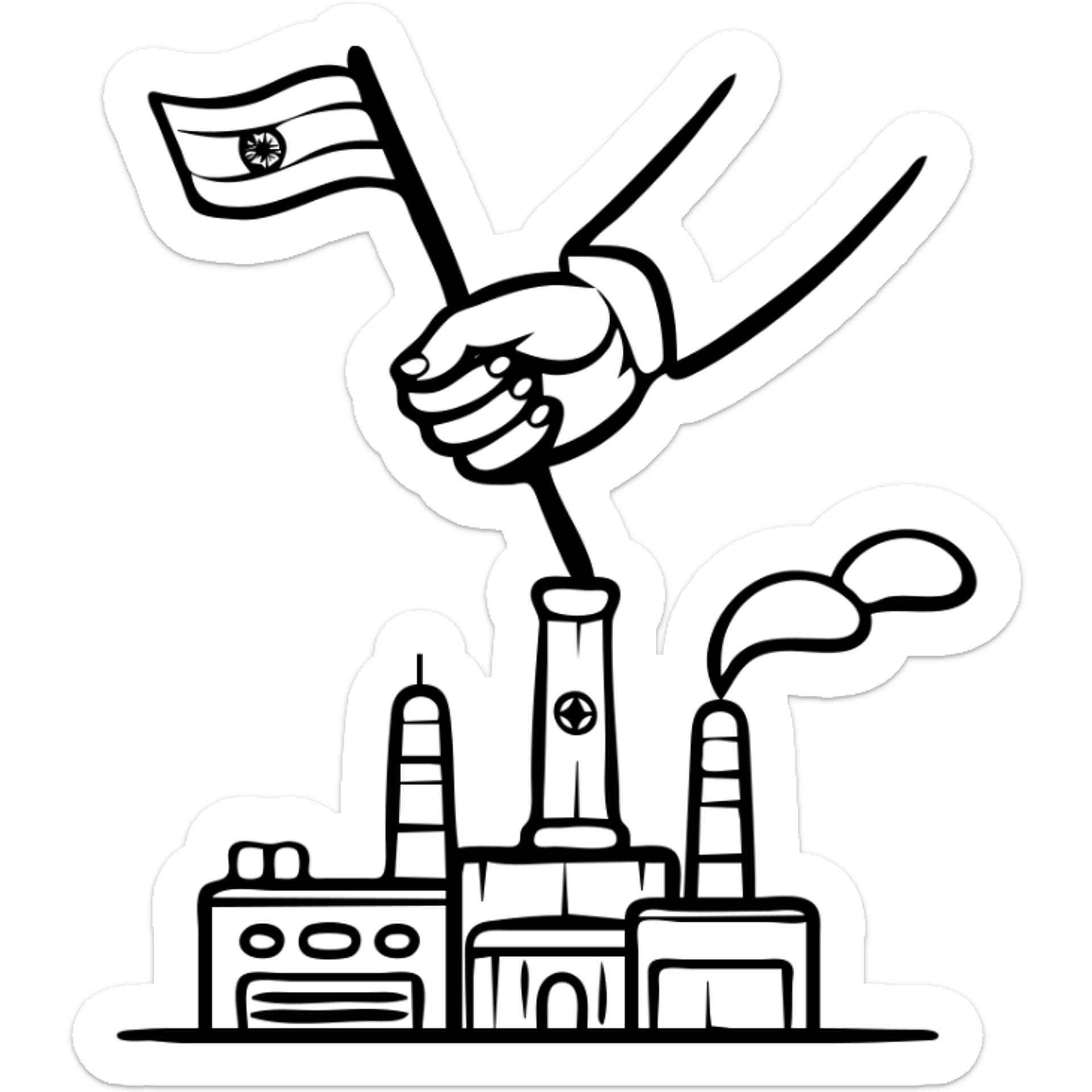 government hand taking control of factory with Indian flag, representing nationalization sticker