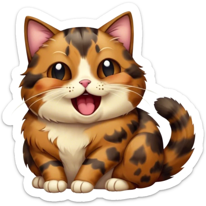 Cinematic Cute Yawning Tortoiseshell Cat Portrait Emoji, Head slightly tilted with a wide, adorable yawn and half-closed, dreamy eyes, featuring a warm, mottled fur of rich browns and blacks, simplified yet irresistibly cute, highly detailed, glowing with a soft, slumbering radiance, high shine, exuding a relaxed, drowsy charm, styled with a gentle, soft glowing outline, capturing the essence of a tortoiseshell cat in a precious moment of sleepy delight! sticker