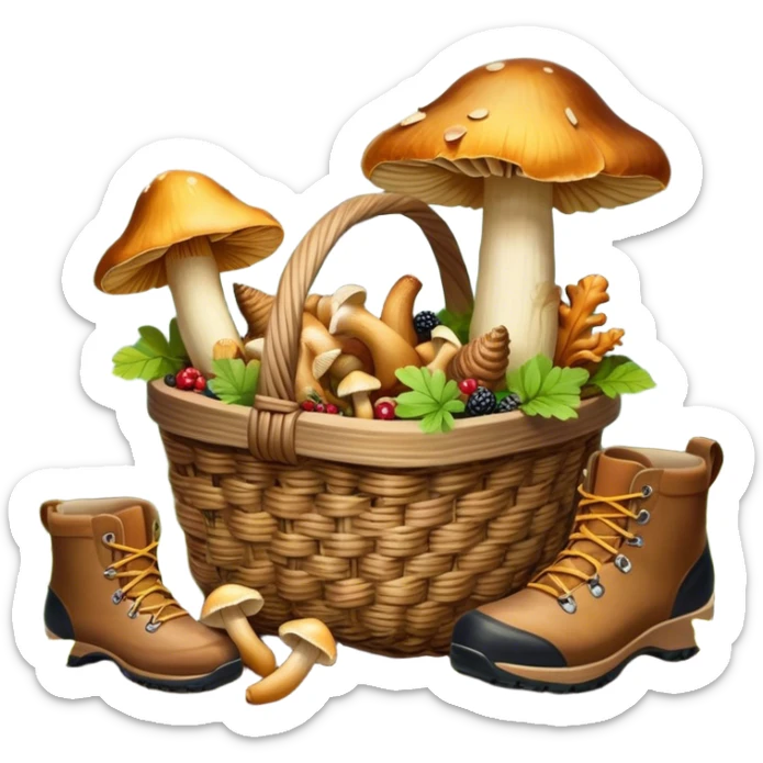 Icon for Mushroom and Berry Tourism: a basket filled with mushrooms chanterelles, boletus and aspen and berries, surrounded by forest elements like trees, leaves and a hiking boots. The icon should capture the joy of foraging in nature. Transparent background. sticker