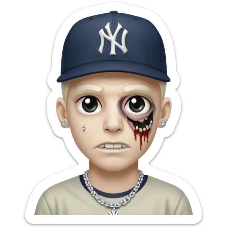 Zombie con aretes con una gorra new York yankee y una cadena de diamante hombre aretes pequeños y de negro y blanco  aretes pequeños  sticker