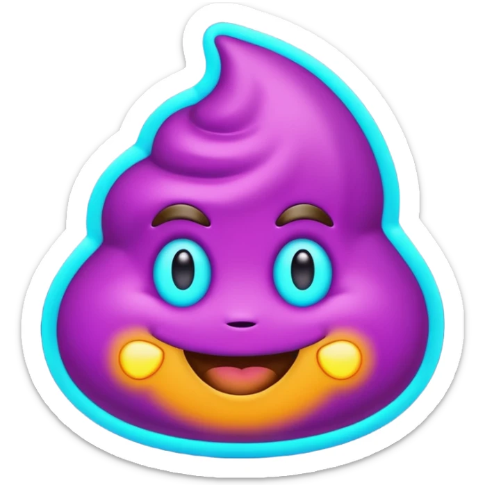 futuristic glowing poop emoji with funny smiling face, purple and cyan neon glow, dark background sticker