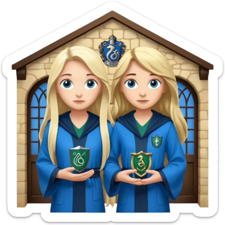 a pretty ravenclaw girl with long dark brown hair and blue eyes standing with a pretty Slytherin girl with long blonde hair, blue eyes sticker