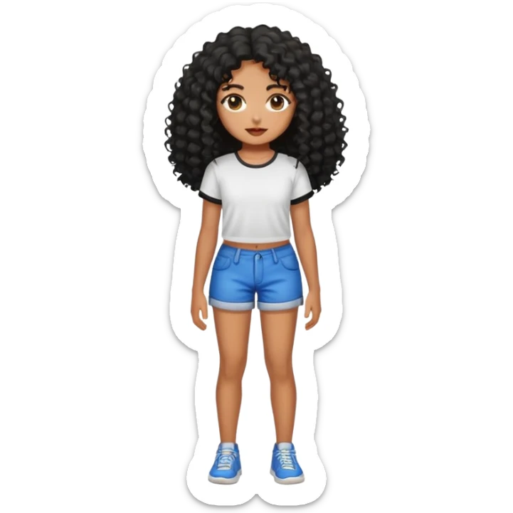 Garota emoji morena, cabelos longos cacheados pretos, short curto e top sticker