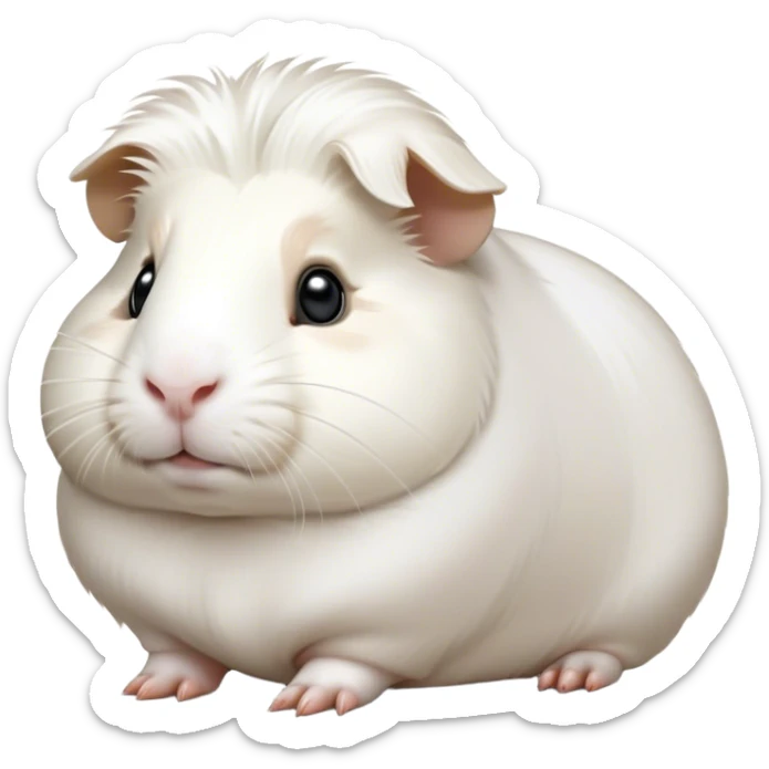 Cinematic Noble White Guinea Pig Portrait Emoji, Poised and regal, with a compact, chubby build and a pristine, well-groomed pure white fur, deep-set soulful dark eyes, Simplified yet sharp and sophisticated features, highly detailed, glowing with a soft, dignified glow, high shine, intelligent and sweet, stylized with an air of gentle purity, focused and attentive, soft glowing outline, capturing the essence of a watchful and confident little companion, so majestic it feels as though it could scurry out of the screen with effortless authority! sticker