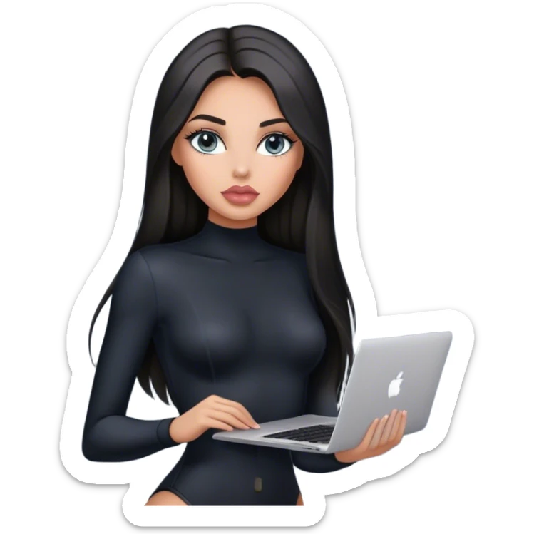 Glamours, tanned, very beautiful girl, with big pump peach-beige-rose lips, black straight smooth silky long hair, straight parting, blue-grey eyes, in black bodysuit holding MacBook sticker