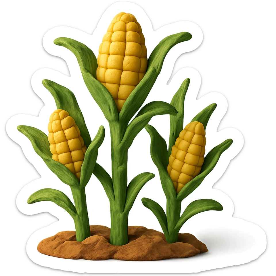 close-up of corn stalks with ears of corn, gentle sunlight, pastel background, claymation style sticker