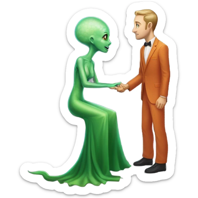 alien reptilian green skin woman, long slim pastel orange formal party satin dress with gradient shiny sparkling dark red, and caucasian man in black dres on his knees asks her to marry her sticker
