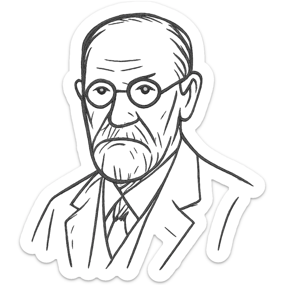 a hand drawn black outline portrait of Sigmund Freud with similar-sized eyes based a famous portrait of him sticker